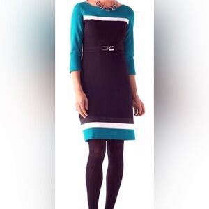 White House Black Market Teal Blue and Black long sleeve Dress